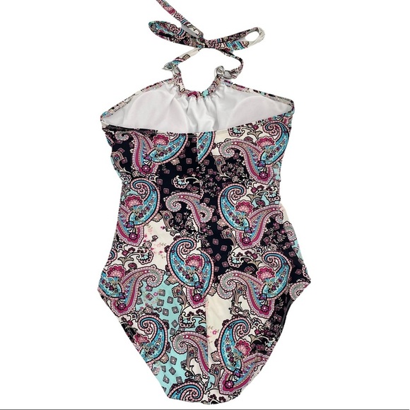 Love Your Assets Spanx One-Piece Swimsuit Halter Neck Chain Detail Paisley | M - Picture 3 of 9